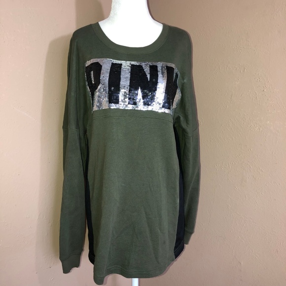 PINK Victoria's Secret Tops - PINK VS Olive Sequins Logo Pullover Sweatshirt
